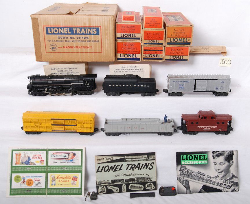 Lionel Outfit No. 2217WS freight train with whist: Postwar Lionel O gauge Outfit No. 2217WS freight train with whistle and smoke set in original boxes with 682 steam locomotive and 2046W Pennsylvania tender with whistle, 6464-175 Rock Island boxcar 64
