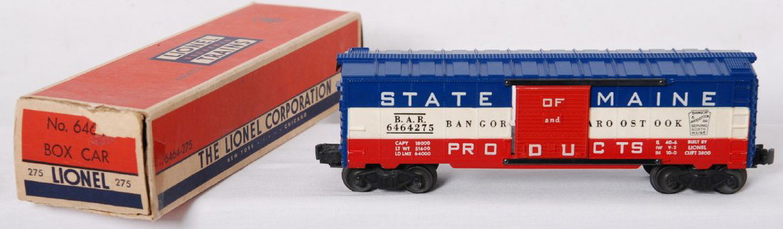 Lionel 6464-275 State of Maine BAR boxcar in OB: Postwar Lionel O gauge 6464-275 State of Maine BAR boxcar, C8-9, in original box missing inner flaps and repairs on one end. Otherwise very square and solid.