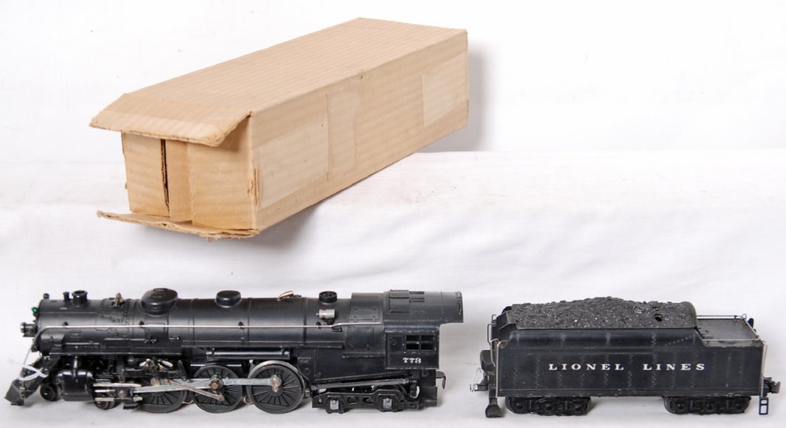 Lionel 1950 773 Hudson in OB and 2426W tender: Postwar Lionel O gauge 1950 773 Hudson steam locomotive and 2426W tender with whistle. Loco has repaired cab roof, otherwise rest of train looks C7+. Tender looks C7+. Loco box has insert, C8.
