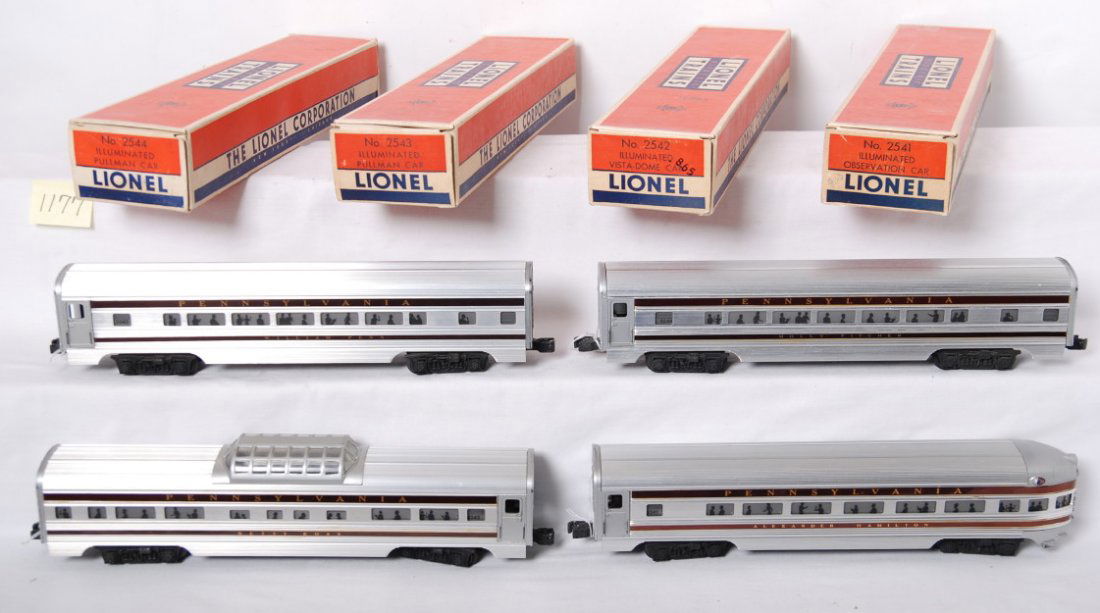 Lionel 2541, 2542, 2543, 2544 in Great Boxes!!: Postwar Lionel O gauge 2541 Alexander Hamilton observation, 2542 Betsy Ross vista-dome, 2543 William Penn Pullman, and 2544 Molly Pitcher Pullman, aluminum passenger cars in original boxes, C7 area. B