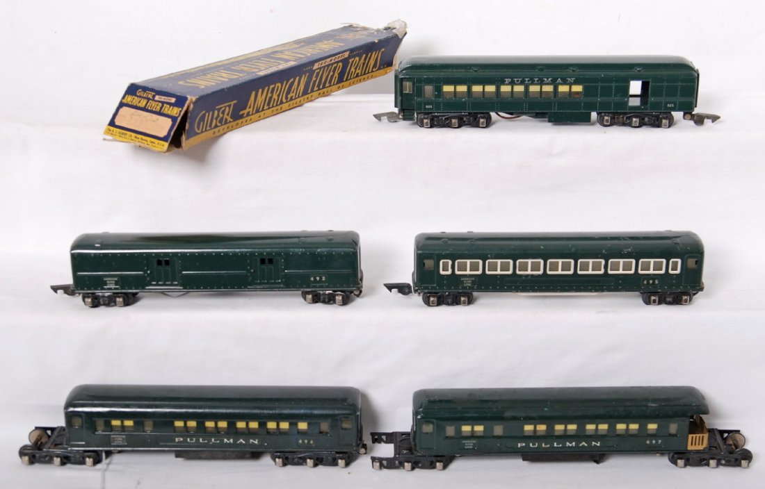 American Flyer 3/16 pass cars 521 492, 495, 496, : American Flyer prewar 3/16 scale passenger cars. Includes 521 Pullman, 492 baggage, 495 coach, 496 Pullman with OB, and 497 observation. All cars except 521 have one or both link couplers broken. Cars