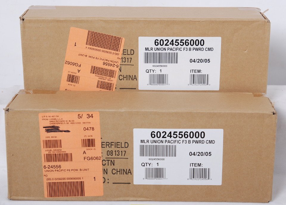 2 Lionel Union Pacific F-3 B units 24556: Lionel modern O gauge Union Pacific powered F3 B units in OBs. Two sealed 24556 B units feature TMCC control and more. C10.