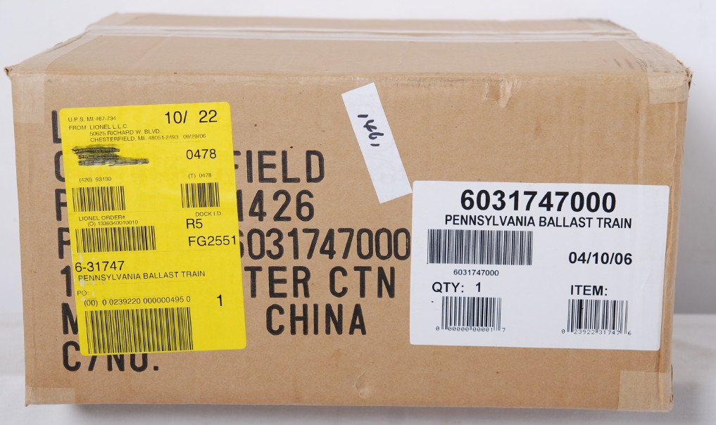 Lionel 31747 Pennsylvania ballast train: Lionel modern O gauge 31747 Pennsylvania ballast train set in OB. Loco features TMCC, Railsounds, Electrocouplers and more. Set is factory sealed in the master carton C10.