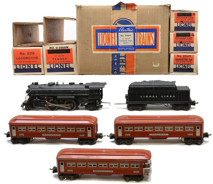 Lionel Tuscan Set 838W 229 2666W 2-2642 2643 OBs: Lionel prewar O gauge Tuscan passenger set no. 838W, circa 1941 in individual OBs and set box containing; 229 black 2-4-2 steam loco with original cardboard insert, 2666W tender with black journals an