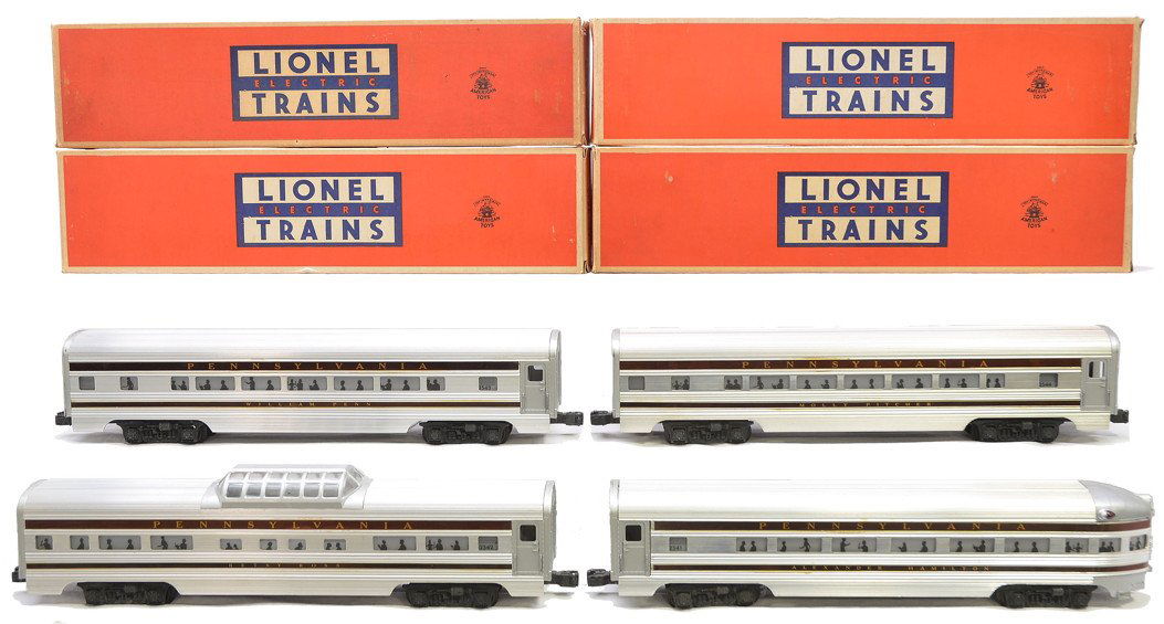 Lionel Congress Pass Cars 2542 2543 2544 2541: Lionel postwar aluminum Congressional passenger cars in OBs including; 2542 Betsy Ross Pullman, 2543 William Penn Pullman, 2544 Molly Pitcher Pullman and 2541 Alexander Hamilton. The cars have been te