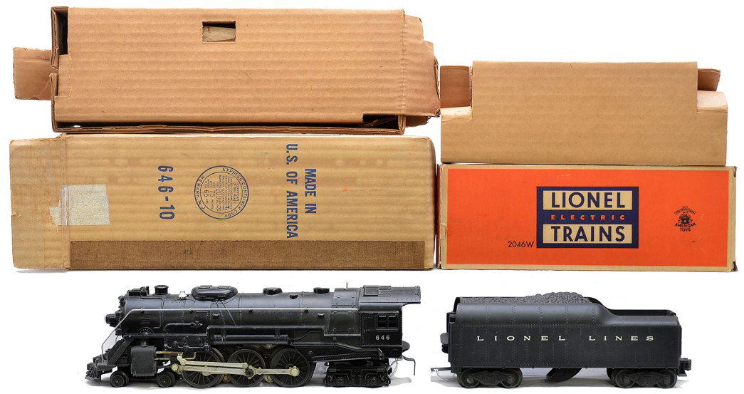 Lionel 646 Team Loco 2046W Tender Boxed: Lionel postwar 646 black 4-6-4 steam loco with a 2046W tender both in OBs that have original cardboard inserts. The loco and tender are C7-8. The loco box is sealed on one end and all flaps are attach