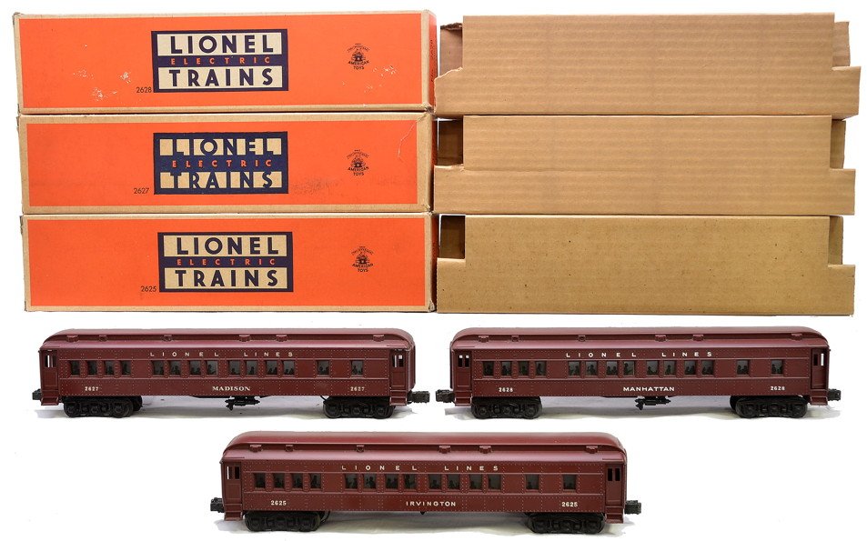 Lionel Pass Cars Circa 1950 2625 2627 2628 MIB: Lionel postwar passenger cars, circa 1950 in OBs with original cardboard inserts including; 2625 Irvington Pullman, 2627 Madison Pullman and 2628 Manhattan Pullman. The cars have never been run. The p