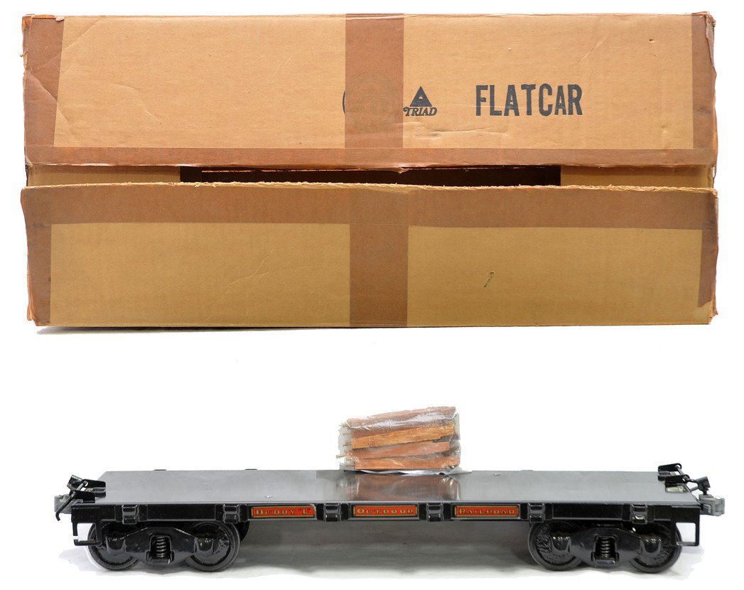 T-Reproductions Buddy L 2006-FC Black Flatcar: T-Reproductions Buddy L 2006-FC black flatcar with wooden stakes in OB. The flatcar has two drilled holes in the base platform. The flatcar is C8.