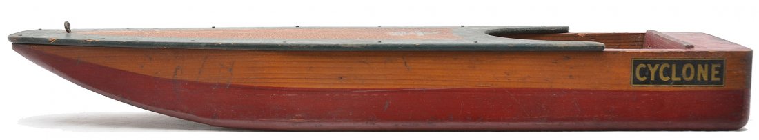 Mengel Playthings Cyclone Wooden Boat: Mengel Playthings Co. of Louisville, KY Cyclone wooden boat. The boat measures 20 inches in length. Boat is C6.