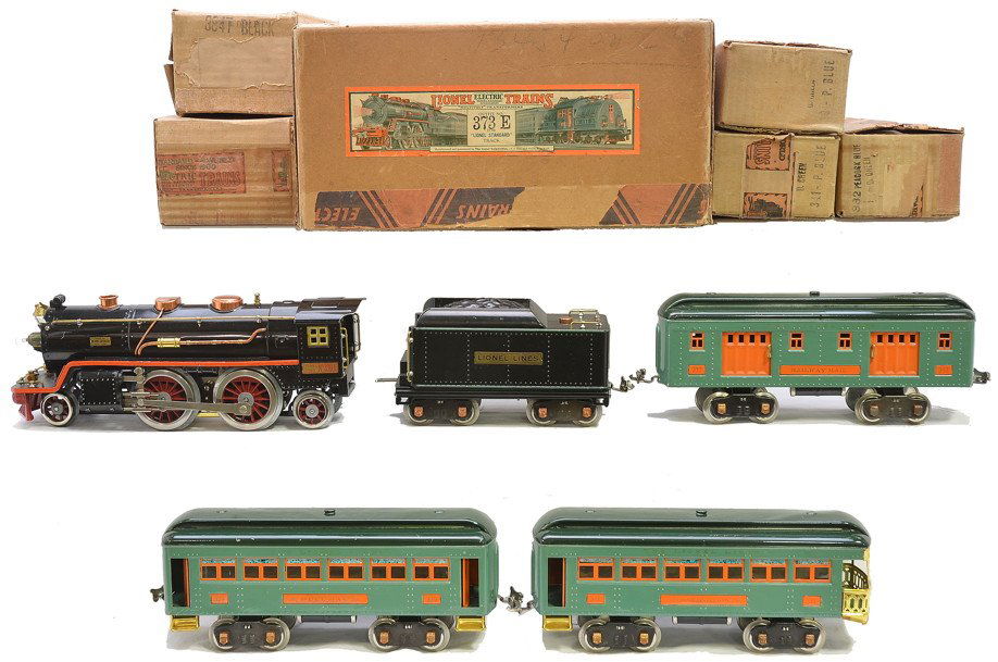 Lionel Std. Ga. 390E Passenger Set no. 373E: Lionel prewar standard gauge passenger set no. 373E, circa 1933 in individual boxes and set box containing; 390E black 2-4-2 steam loco with original cardboard insert, brass and copper trim and orange