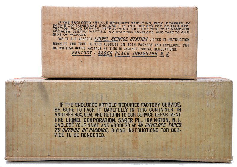 Lionel Original Boxes ONLY for 1835 1835TW: Lionel prewar standard gauge original boxes only for a 1835 steam loco and a 1835TW tender. The loco OB has an original cardboard insert. Both OBs are complete with all flaps and are sealed on the bot