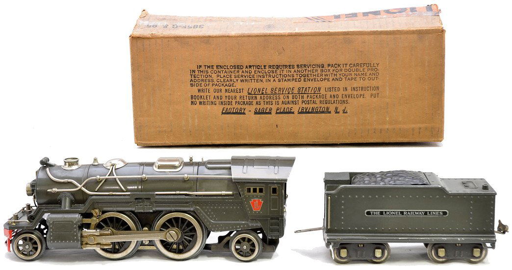Lionel 385E Gunmetal Loco OB 385W Tender: Lionel prewar standard gauge 385E gunmetal 2-4-2 steam loco and a 385W die cast tender. The loco and tender have nickel trim and the tender has nickel journals. The die cast shell on the tender is sol