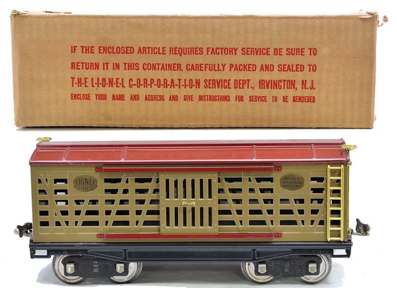 Lionel 213 Mojave Cattle w/Maroon Roof OB: Lionel prewar standard gauge 213 Mojave cattle car with maroon roof and door guides and nickel journals in OB. The paint on the car is very bright and clean, car is C8. The OB is complete with all fla