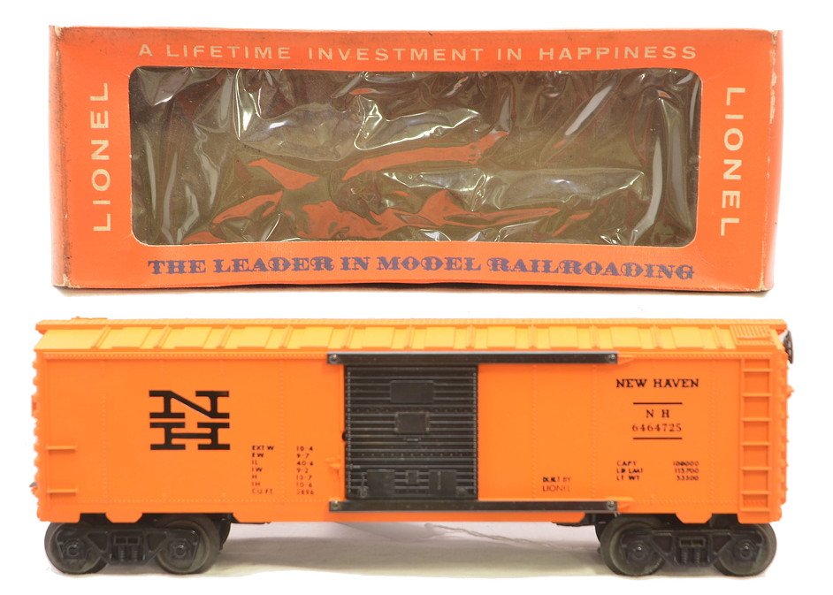 Lionel 6464-725 New Haven Boxcar MINT OB: Lionel postwar 6464-725 New Haven type IV boxcar in OB marked 6464-735. The car has never been run, C9-10. The box has all flaps attached but is stained and warped from moisture.