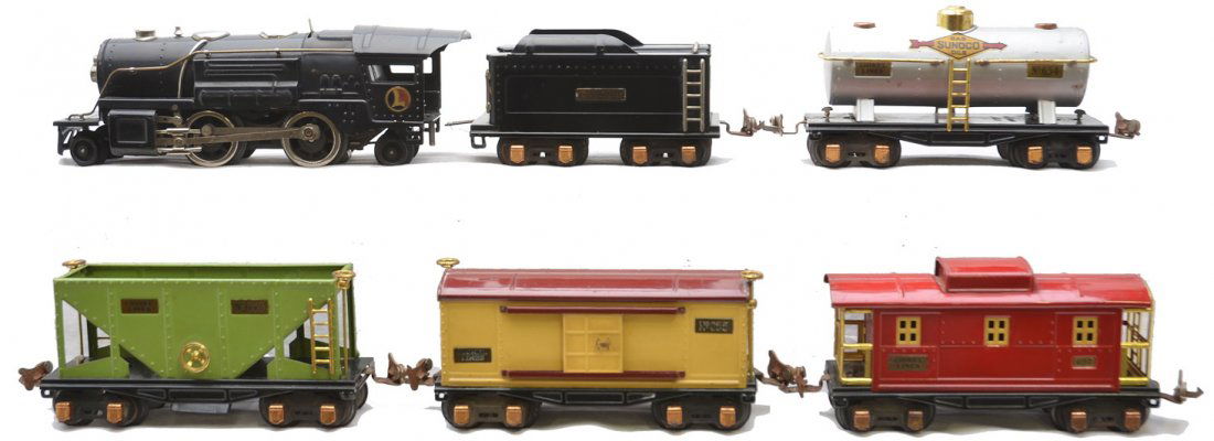 Lionel Freight Set no. 235E w/600 Series Cars: Lionel prewar O gauge freight set no. 235E, circa 1934 containing; 259E black 2-4-2 steam loco, 261T tender, 653 Stephen Girard green hopper, 654 silver Sunoco tank, 655 cream boxcar with maroon roof