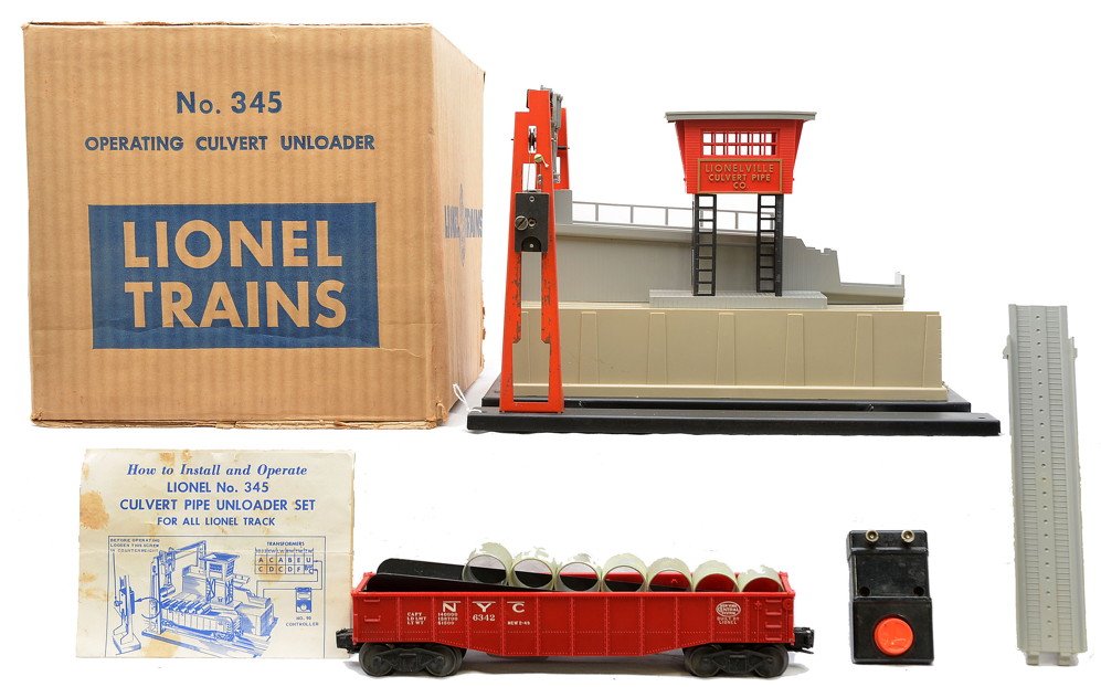 Lionel 345 Operating Culver Unloader w/6342: Lionel postwar 345 operating culvert unloader with a 6342 red New York Central culvert gondola that has seven culverts, 90 controller, ramp and instruction sheet in OB. The unloader and gondola are C7