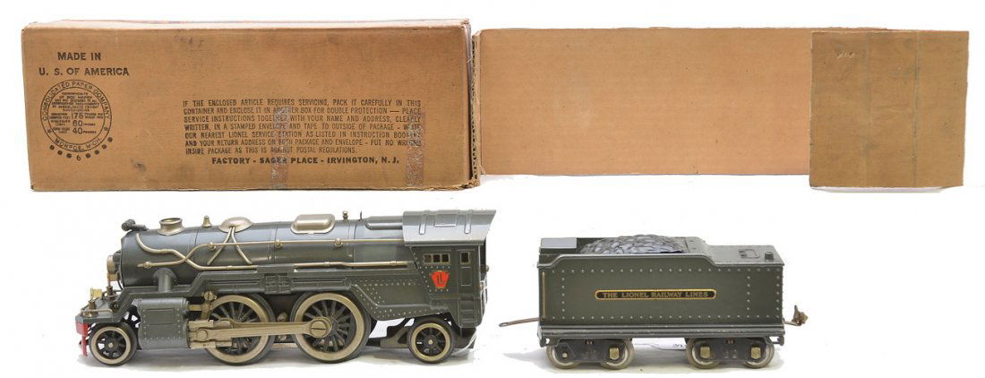 Lionel 385E Gunmetal Loco OB 385W Tender: Lionel prewar standard gauge 385E gunmetal 2-4-2 steam loco in OB with two original cardboard inserts and a 385W tender, C7-8. The OB has all flaps attached and has tape residue.