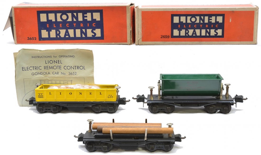 Lionel Freight Cars 2659 OB 3651 3652 OB: Lionel prewar O gauge freight cars including; 2659 green dump car in OB, 3651 operating lumber car with four wooden logs, 3652 yellow gondola with eight wooden logs and instruction sheet in OB. All of