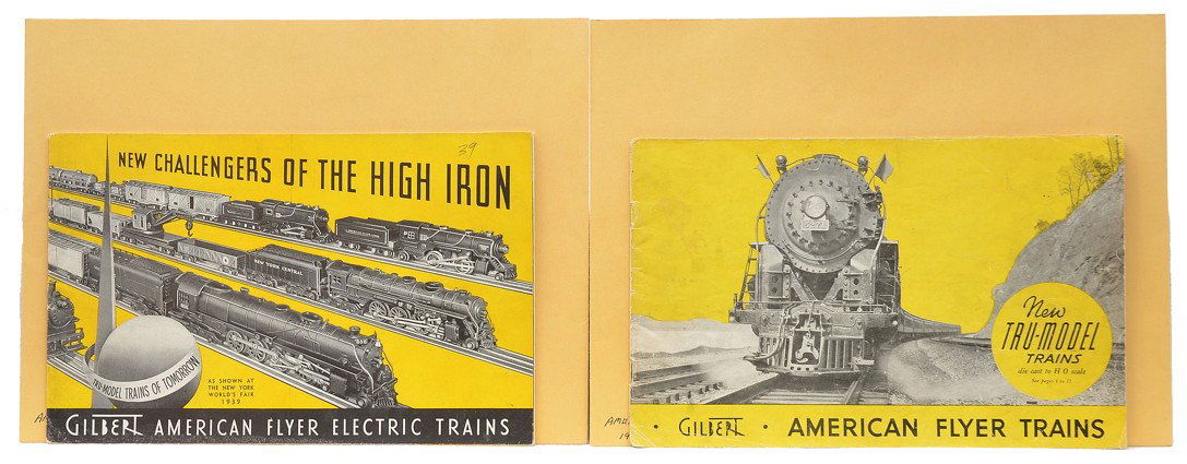 Am Flyer Prewar Original Catalogs 1938 1939: American Flyer prewar original catalogs from 1938 and 1939. Both catalogs are complete, have nice color graphics and show some minor wear.