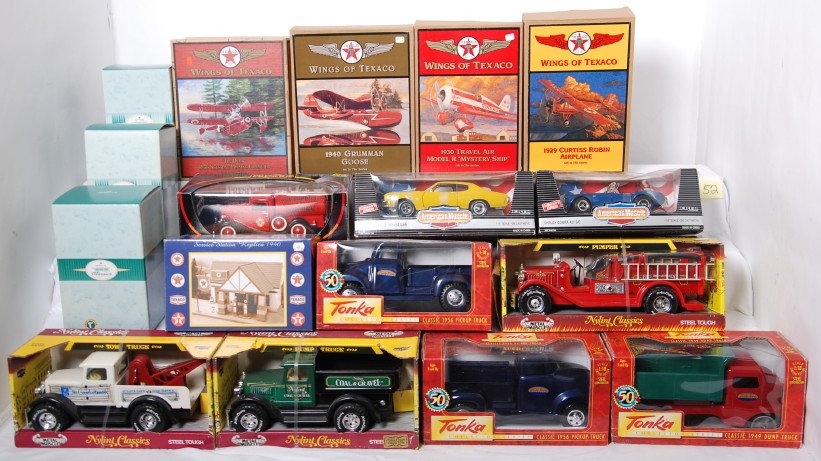 Huge lot of large scale pressed steel vehicles i: This lot will not be shipped. Huge lot of large scale pressed steel vehicles in original boxes, C9-10. Boxes show very little to very light wear. Nylint, Ertl, Solido, Hallmark Kiddie Car Classics, mo