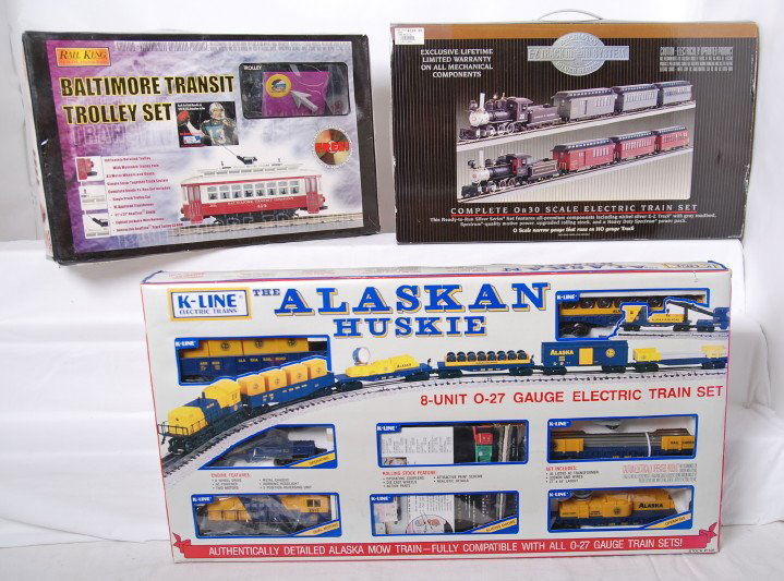 K Line, Railking, and Bachmann sets: Train sets in OBs. Includes 1106 K Line Alaska set, MTH trolley set WITHOUT TROLLEY, track and transformer only, and Bachmann 25004 Royal Blue narrow gauge set. Sets are C7-8 but sold as is.
