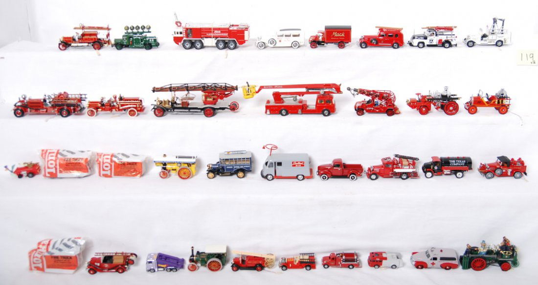 Large lot of diecast fire trucks and such: Large lot of diecast fire trucks, other fire fighting equipment, and other vehicles. Hot Wheels, Matchbox, Siku, Tonka and others. Vehicles range C6 to C10 in sealed packages. 35 vehicles.