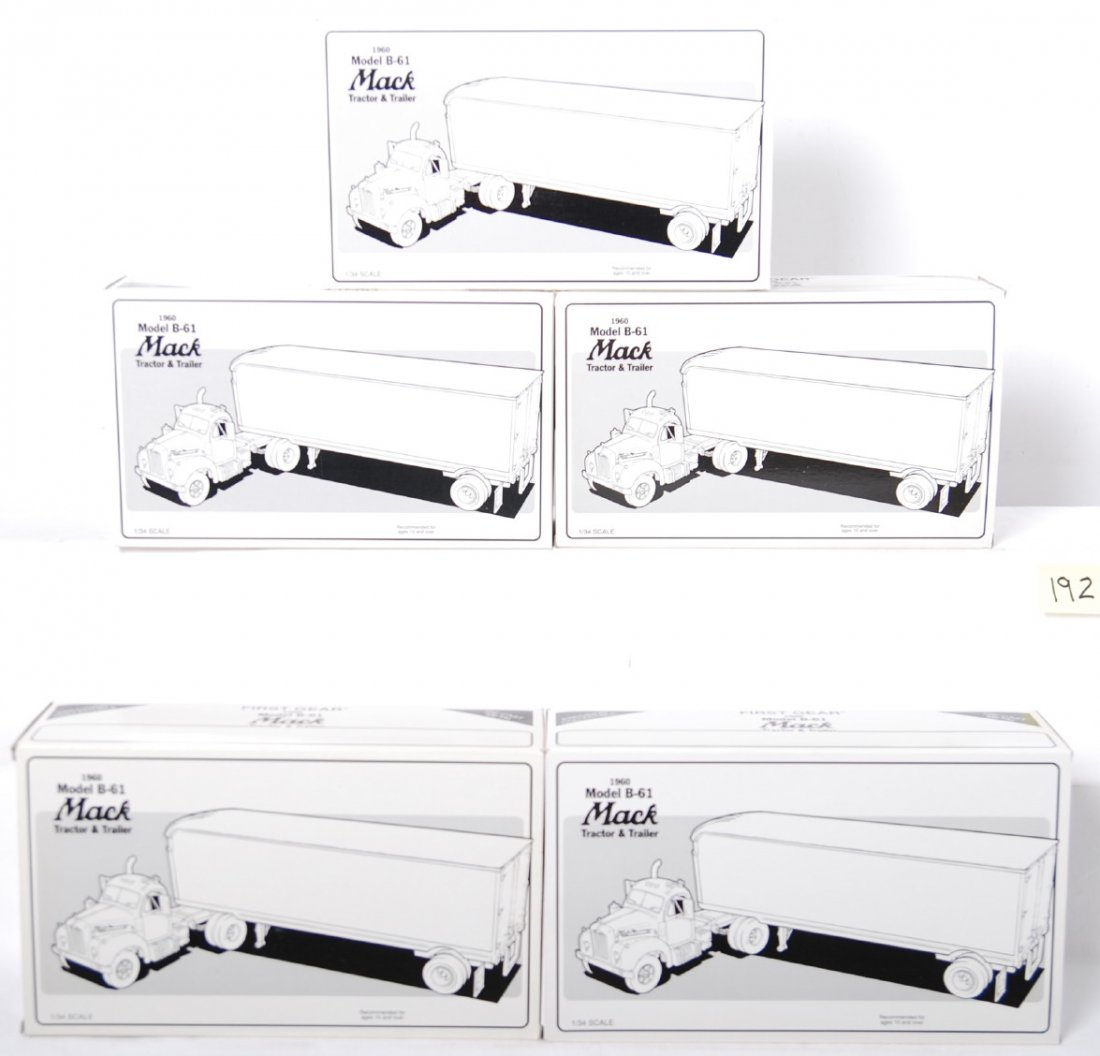 Five 1st Gear diecast 1960 Model B-61 Mack in OB: Lot of five 1st Gear diecast trucks in original box, C9-10. 19-1186 Parker Motor Freight, 19-1208 Wooster Express, 19-1660 Bekins Moving, 19-1184 Great American Transport, and 19-1392 Shell Oil Compan