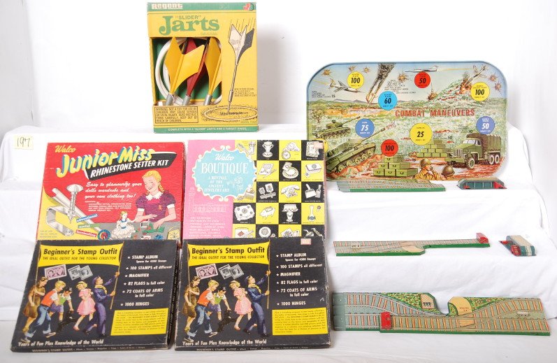Jarts, BeginnerÍs Stamp Outfit, Rhinestone Sette: Regent Slider Jarts Model 73929 in original box, Walco Junior Miss Rhinestone Setter Kit in OB, two BeginnerÍs Stamp Outfits in OB, and Walco Boutique in OB. Marx lithographed tinplate Combat Maneuve