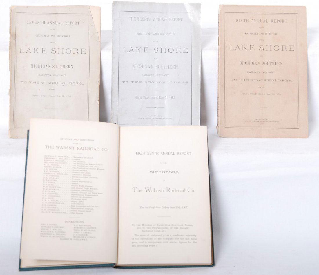 4 LS and MS and Wabash annual reports: Annual reports from the Lake Shore and Michigan Southern and Wabash railroads. Lake Shore and Michigan Southern reports include 1876, 1882, and 1875. Wabash is a hard bound 1907. All have some light w