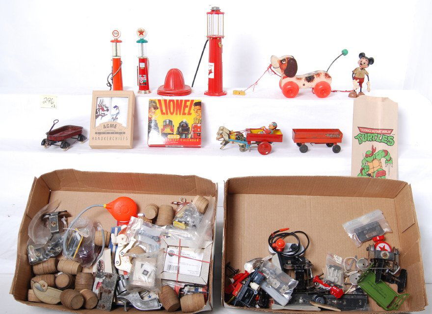 Huge lot of diversity, toys, trains, diecast, ti: Huge lot of small toy items. Marx, Fisher Price, Authenticast, Gearbox, Best, Wyandotte, Lionel, Hallmark, and many others. Fire department collectibles, tin toys, wooden toys, toy train parts, coin b