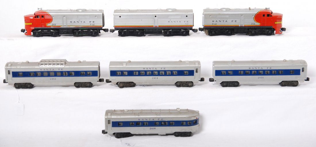 Lionel 212 A-B-A, 2412, 2414, 2414, 2416 Santa F: Postwar Lionel O gauge 212 Santa Fe twin diesel Alco A units, unnumbered Alco B unit, 2412 vista dome, two 2414 Pullman, and 2416 observation passenger cars, C5-6.
