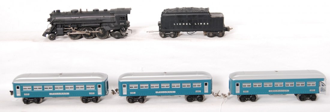 Lionel 1666, 2224W, 1630, 1630, 1631 passenger t: Prewar Lionel O gauge 1666 steam loco, 2224W whistle tender, two 1630 Pullman coaches, and 1631 observation. Trains have been restored to look C7-8.
