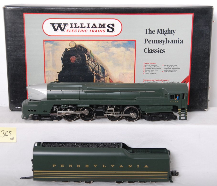 Williams Pennsylvania brass T-1 steam locomotive: Williams modern O gauge brass Pennsylvania T-1 duplex steam locomotive in OB. Loco also features smoke, can motor, constant voltage lighting and more. Loco is C8 with run time. Locomotive original box