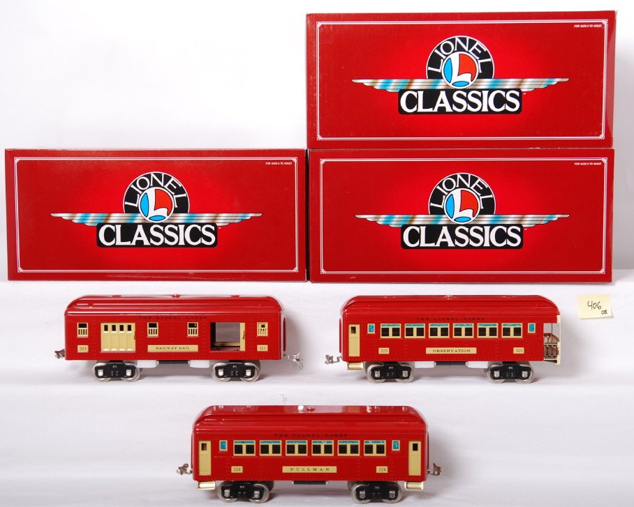 Lionel Classics 323, 324, 325 passenger cars: Lionel Classics modern standard gauge tinplate passenger cars in OBs. Three cars include 13400 323 baggage, 13401 324 Pullman, 13402 325 observation. Cars are C8-9 with incredibly faint roller and whe