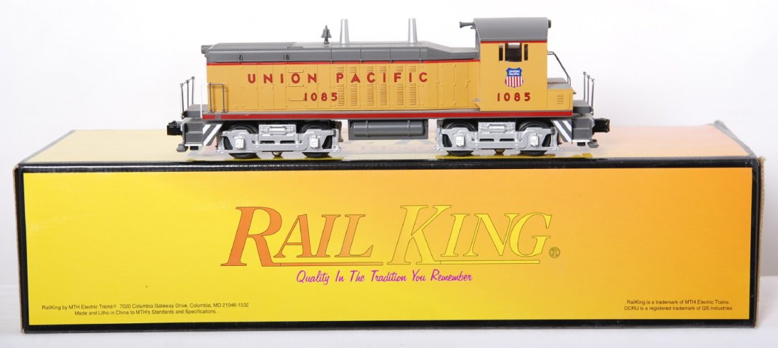 Railking Union Pacific NW-2 with Proto 2: MTH Railking modern O gauge Union Pacific 30-2297-1 NW-2 switcher in OB. Loco features Protosound 2.0, DCS control, Protocouplers, and more. Loco is C8 with run time.