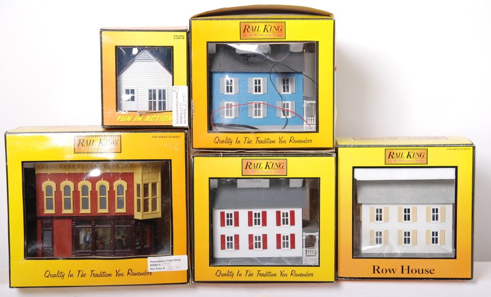 5 Railking buildings, house on fire, farm house,: MTH Railking modern O gauge buildings in OBs. Five buildings include 30-9139 operating house on fire which is slightly used, 30-90008 work house, 30-9089 row house, farm house without label, and 90062