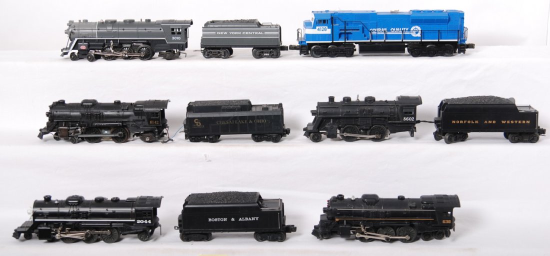 Group of O gauge locomotives, steam and diesel: Group of modern O gauge locomotives. No boxes. Includes Railking Conrail SD-70 with Proto (Briefly tested, sound but sluggish running), Lionel Boston and Albany 2044 steam locomotive, Lionel 8142 Ches