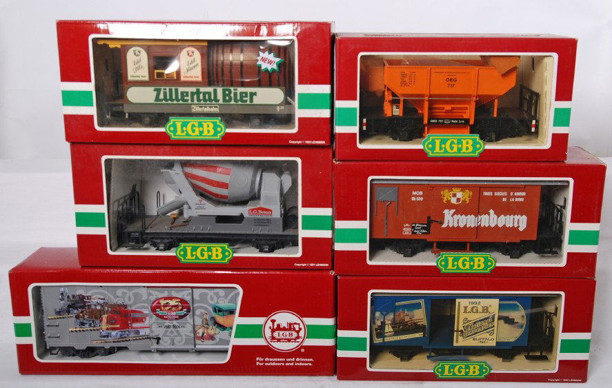 6 LGB freight cars 4028, 4041, 49913, 4028, etc.: LGB modern G scale freight cars in OBs. Six cars include 4028 Buffalo convention boxcar, 4041 dump car, 49913 LGB 125th anniversary boxcar, 4055 flat with cement drum, 3042 keg car, and 4028 Kronenbou