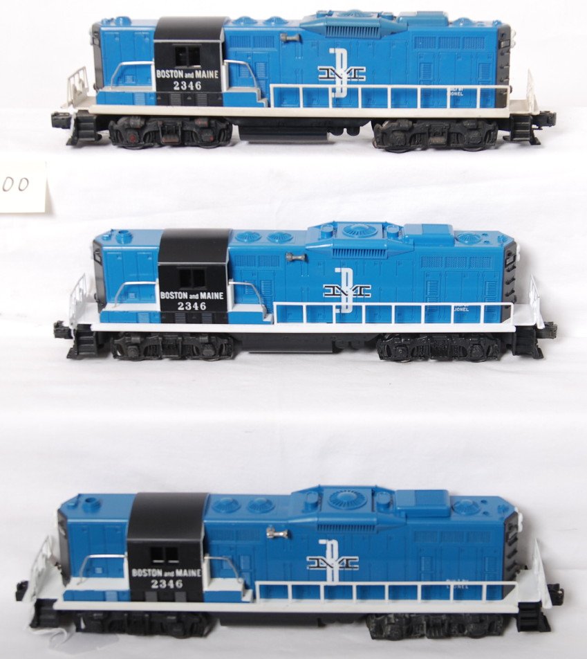 Three 2346 Boston and Maine GP-9 diesel switchers: Postwar O gauge Lionel O gauge 2346 Boston and Maine GP-9 diesel locomotives with repainted/touched up frames/chassis, C7-8.