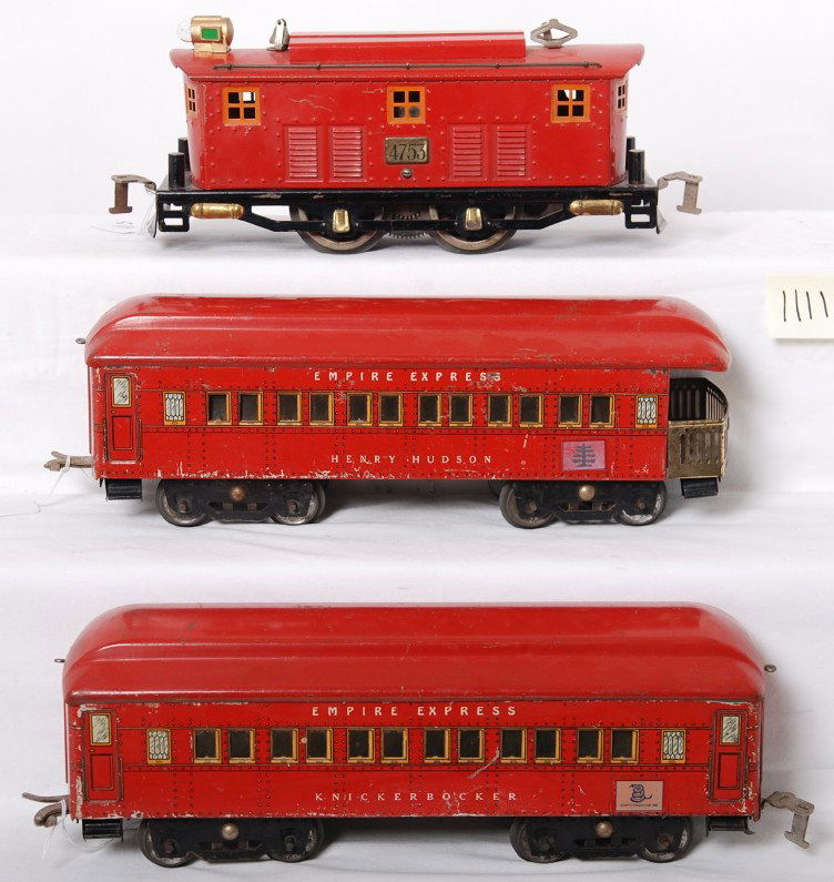 Rare & original American Flyer Empire Express set: Prewar American Flyer wide gauge rare Empire Express set with red 4753 boxcab electric loco with orange window trim, lithographed Knickerbocker passenger coach, and lithographed Henry Hudson observati