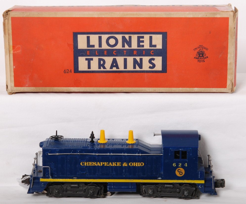 Lionel 624 C&O NW2 diesel switcher in OB w/insert: Postwar Lionel O gauge 624 Chesapeake and Ohio NW2 road switching diesel locomotive in original box with insert. Minor touchups to yellow and blue, fantastic looking decal lettering. Train looks C6-7.