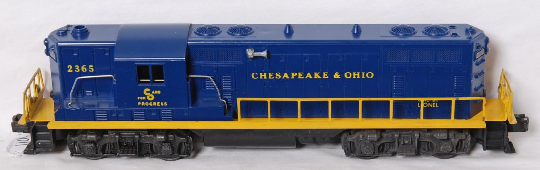 Lionel 2365 Chesapeake and Ohio GP-7 diesel road: Postwar Lionel O gauge 2365 Chesapeake and Ohio GP-7 diesel road switcher locomotive, cracks at both screws, C6.