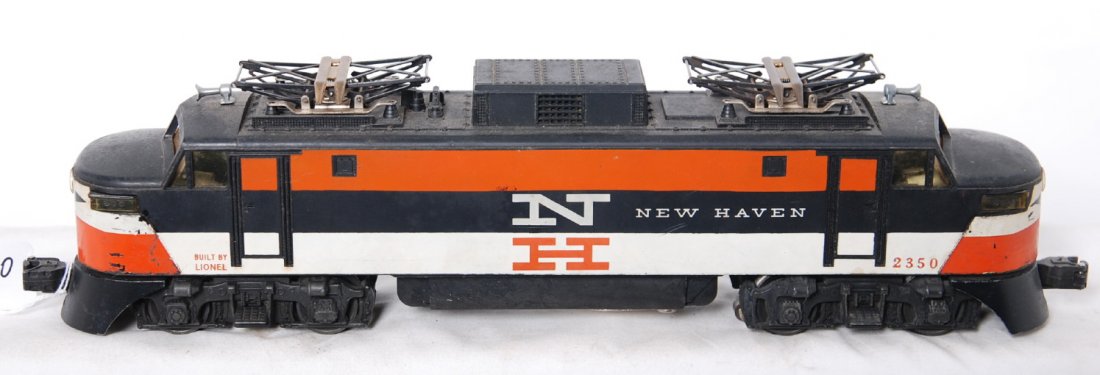 Lionel 2350 New Haven EP-5: Lionel Postwar O gauge 2350 New Haven EP-5 electric locomotive. Loco has some very light spots of frame rust inside the battery compartment, but no major battery damage. Loco is C6-7 with some paint c
