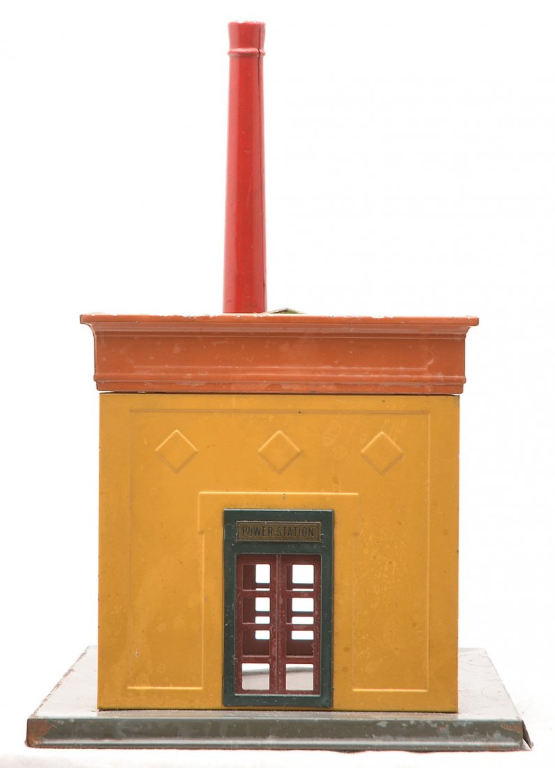 Lionel Prewar 435 Power Station w/Mustard Walls: Lionel prewar 435 power station with gray base, mustard walls, terra cotta roof cornices, pea green skylight and window inserts, dark green door and window frames, wood grained doors, Mojave chimney b