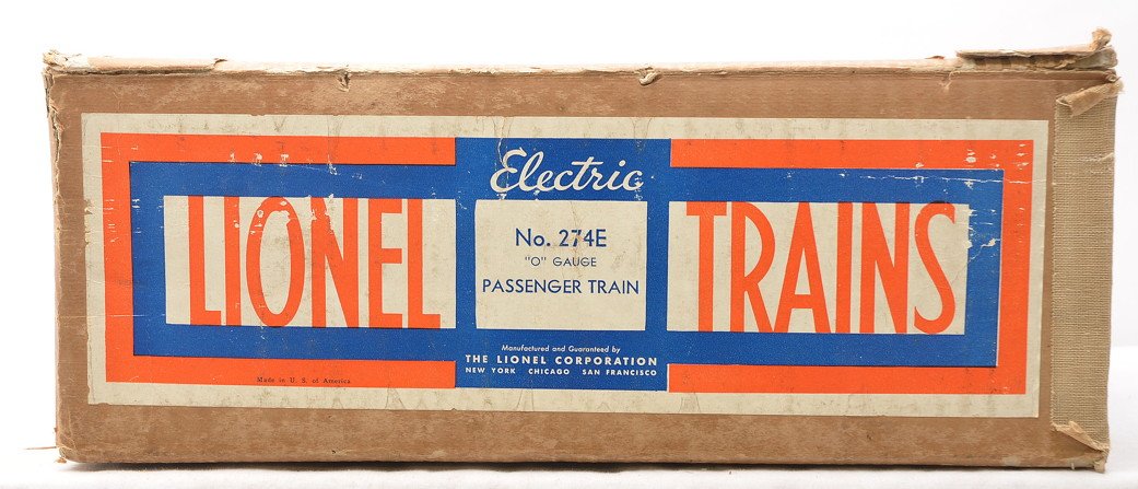 Lionel Original Set Box ONLY for 274E Pass Set: Lionel prewar O gauge original set box only for a 274E passenger set, circa 1935 that consisted of a 265E loco, 265T tender, 602 baggage, 600 Pullman and a 601 observation. The set box is sealed on th