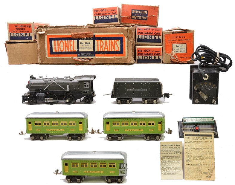 Lionel Prewar Passenger Set no. 294E: Lionel prewar O gauge passenger set no. 294E in individual OBs and set box consisting of a 249E gunmetal 2-4-2 steam loco with original cardboard insert, 265T tender, two 607 Pullmans, 608 observation