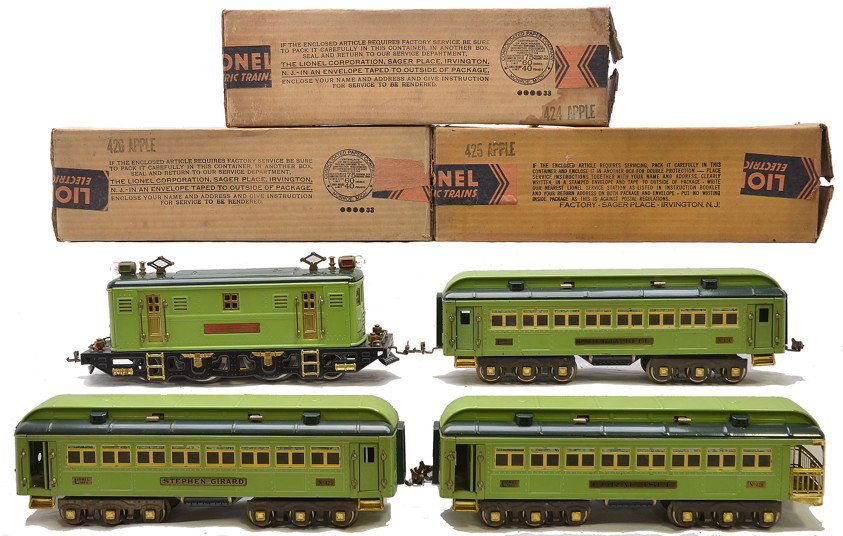 Lionel Stephen Girard 2-Tone Green Pass Set 364E: Lionel prewar standard gauge Stephen Girard two-tone green passenger set no. 364E consisting of a 9E electric 2-4-2 loco with brass trim and plates that have red lettering, 424 Liberty Bell Pullman, 4