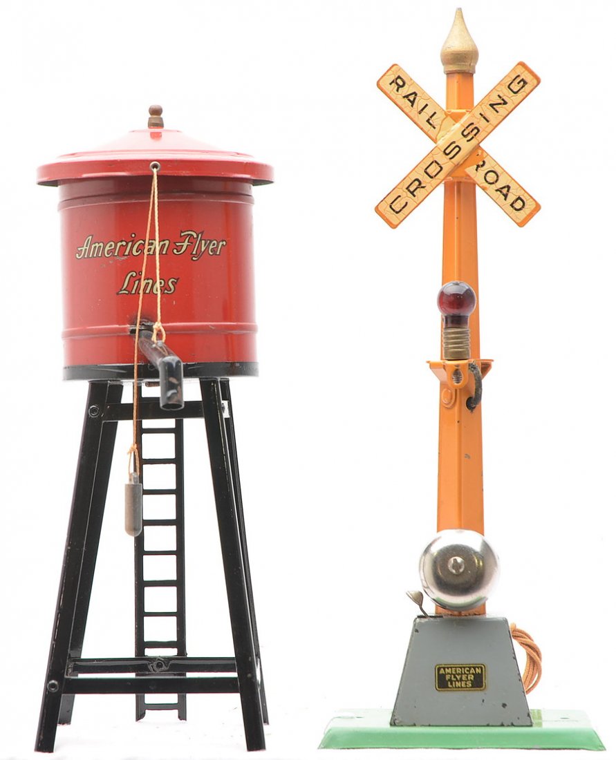 Am Flyer 2020 Water Tank 2116 Danger Signal: American Flyer prewar O gauge 2020 water tank with red tank, black tower and ladder and a brass finial, C7-8. Also included is a 2116 Danger Signal with green base, gray sub-base, orange pole and bras