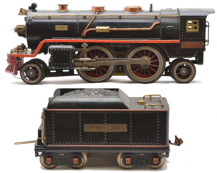 Lionel Std. Ga. 390E Steam Loco 390T Tender: Lionel prewar standard gauge 390E black 2-4-2 steam loco with a 390T tender both with copper and brass trim and orange striping. Tender has copper journals. The wheels on the loco are starting to disi