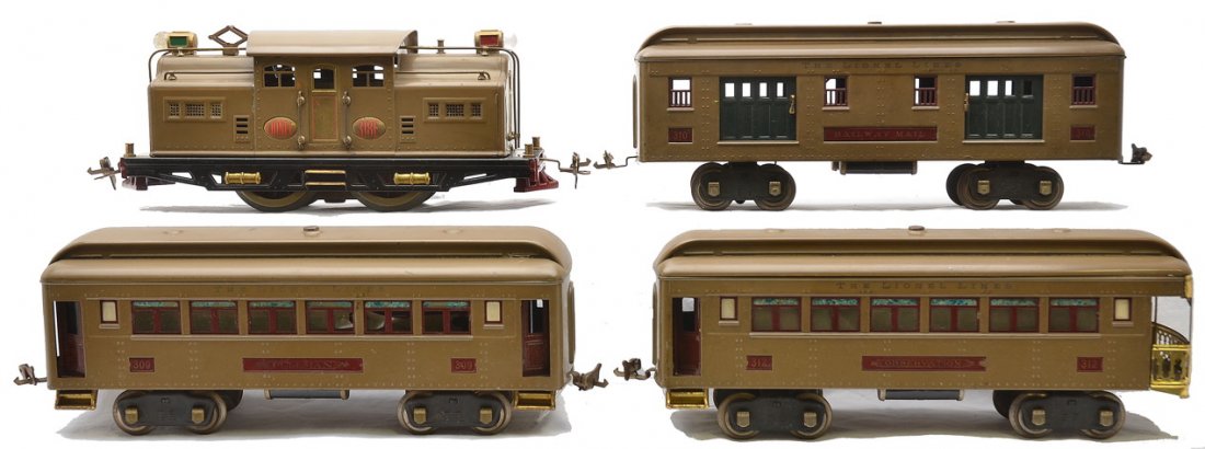 Lionel Std. Ga. Mojave Passenger Set no. 342: Lionel prewar standard gauge Mojave passenger set no. 342, circa 1926 containing; 318E electric 0-4-0 loco with brass plates that have red lettering, 310 baggage, 309 Pullman and a 312 observation. Th